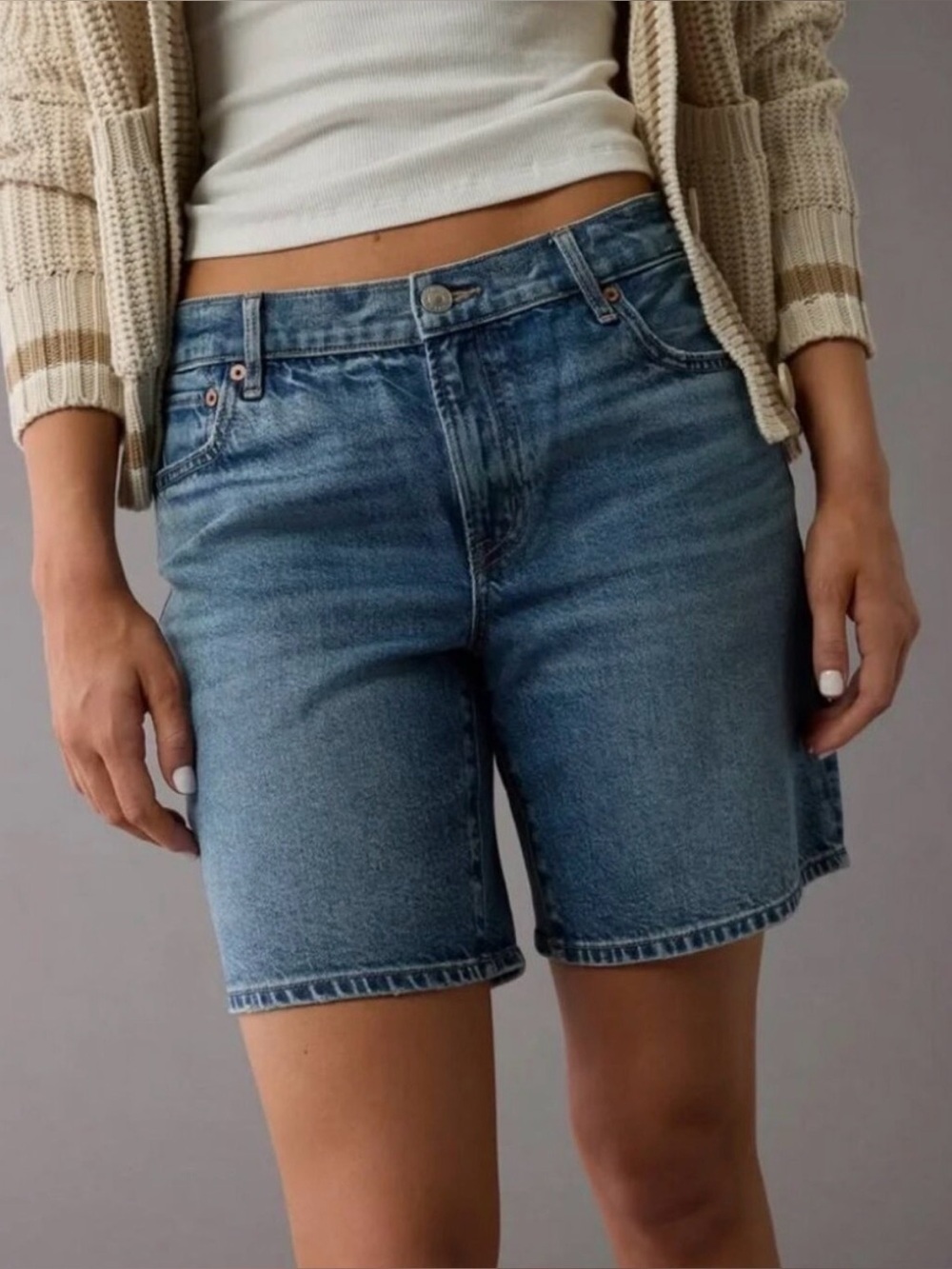 NWT American Eagle  8” Perfect Bermuda Low Rise Blue Shorts Strigid Size 14 32W